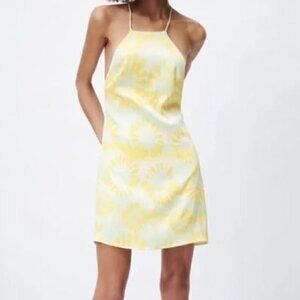 [Zara] Green & Yellow Sunburst Print Halter Satin Mini Dress
